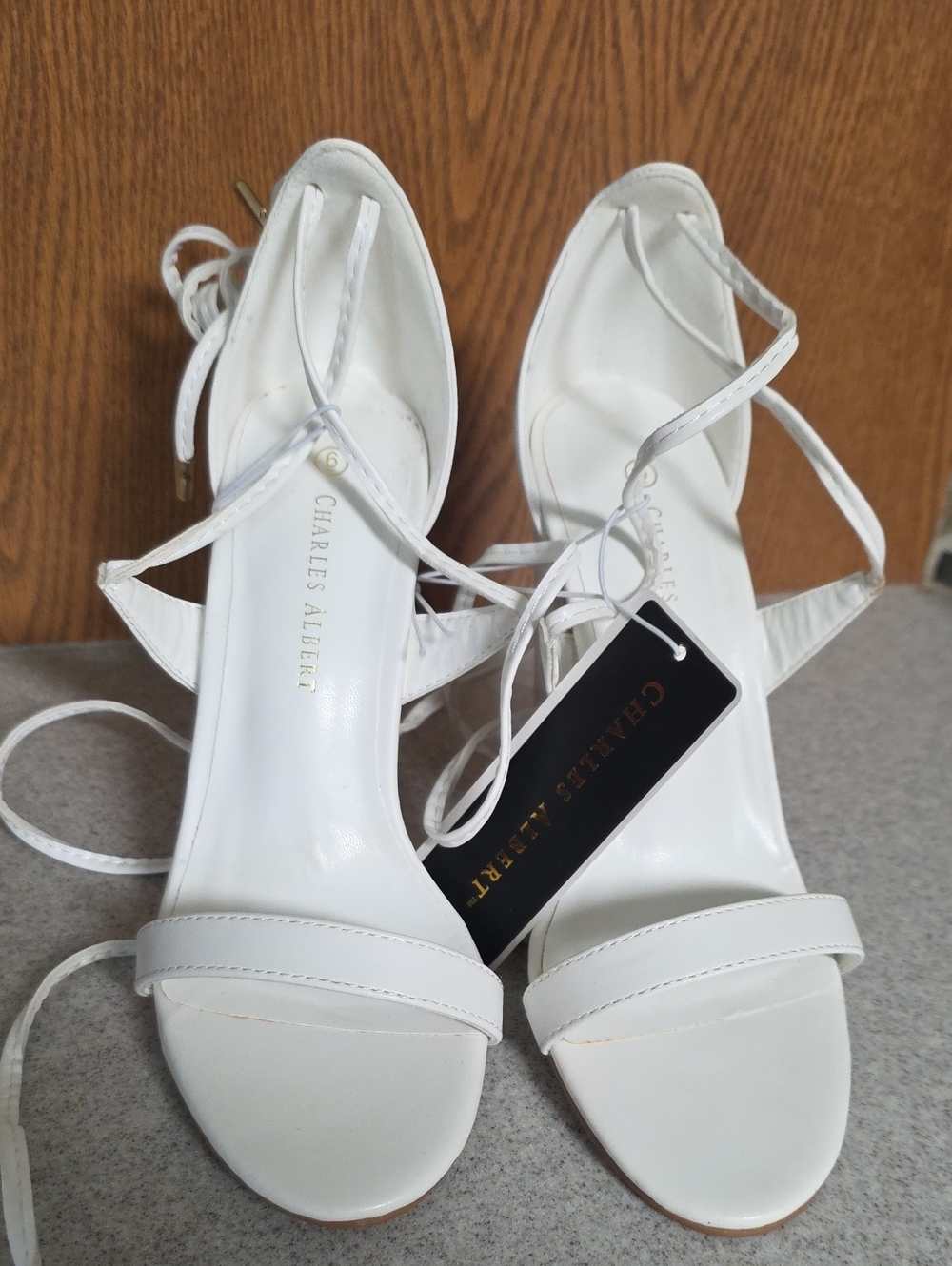 Charles Albert White Lace-Up Open-Toe Heels